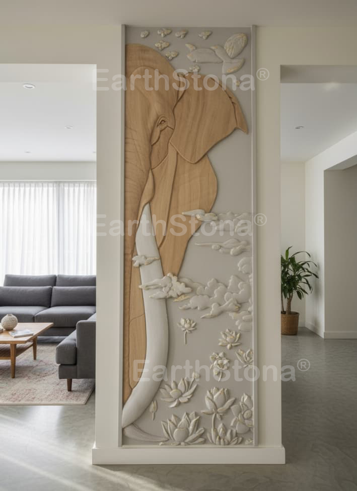 Elephant in Nature with birds & clouds Modern stone wall art