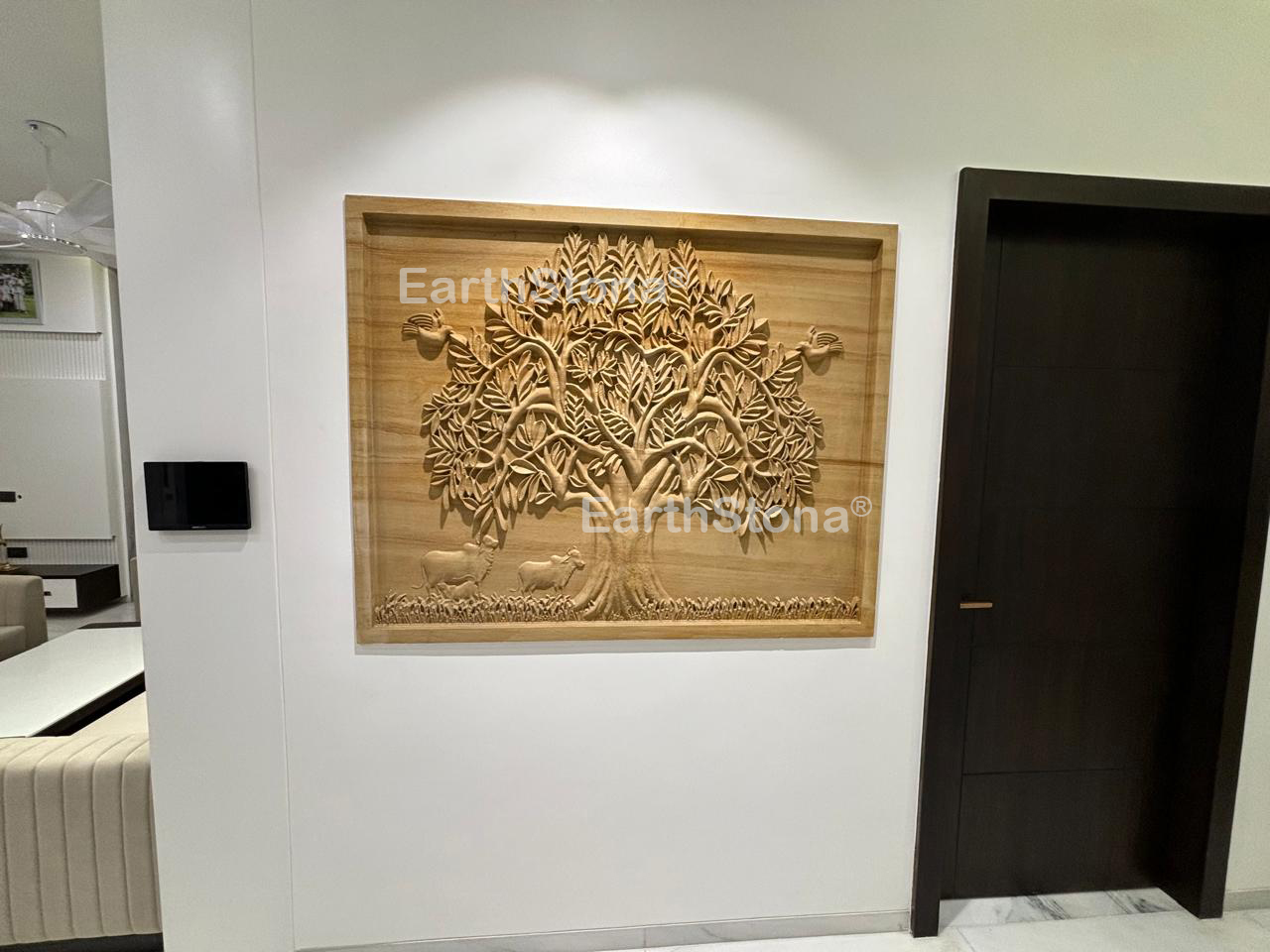 Kalvriksha Tree with Kamdhenu Cow and birds Nature Stone Wall Mural